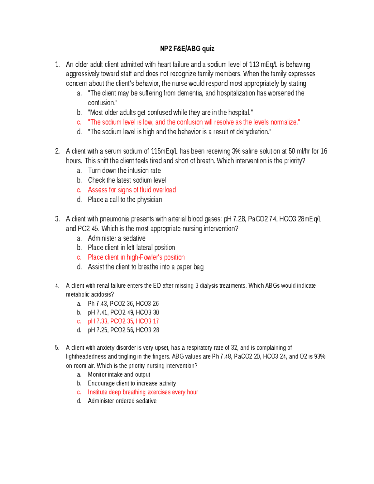 F E ABG Quiz with answer - FLUID AND ELECTROLYTE - NP2 F&E/ABG quiz 1 ...