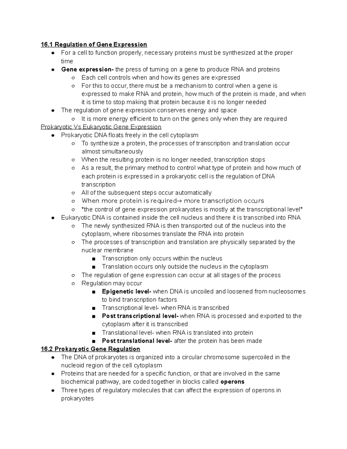 unit two notes 16.1-16.6 - 16 Regulation of Gene Expression For a cell ...