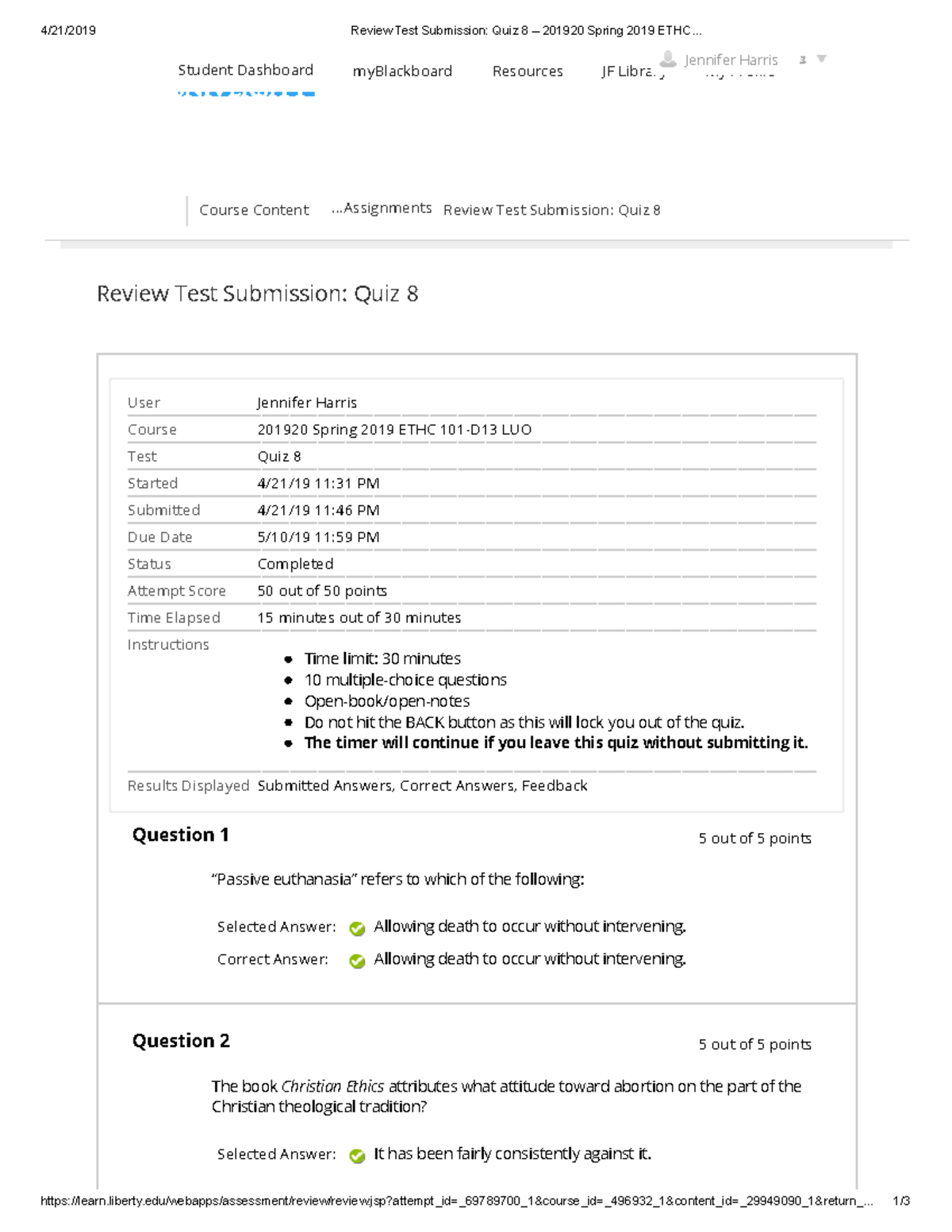 Quiz 8 – 2019 20 Spring 2019 ETHC - 4/21/2019 Review Test Submission ...