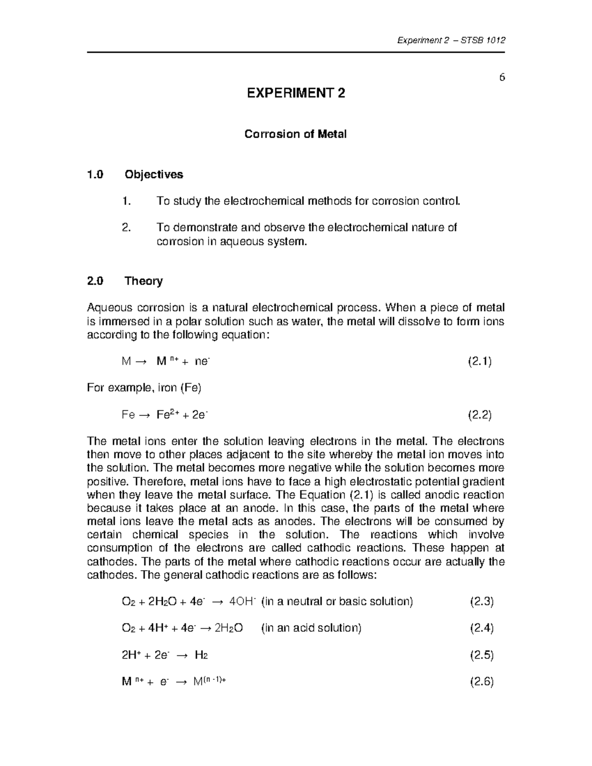 7 Experiment 2 Corrosion of Metal 6 EXPERIMENT 2 Corrosion of