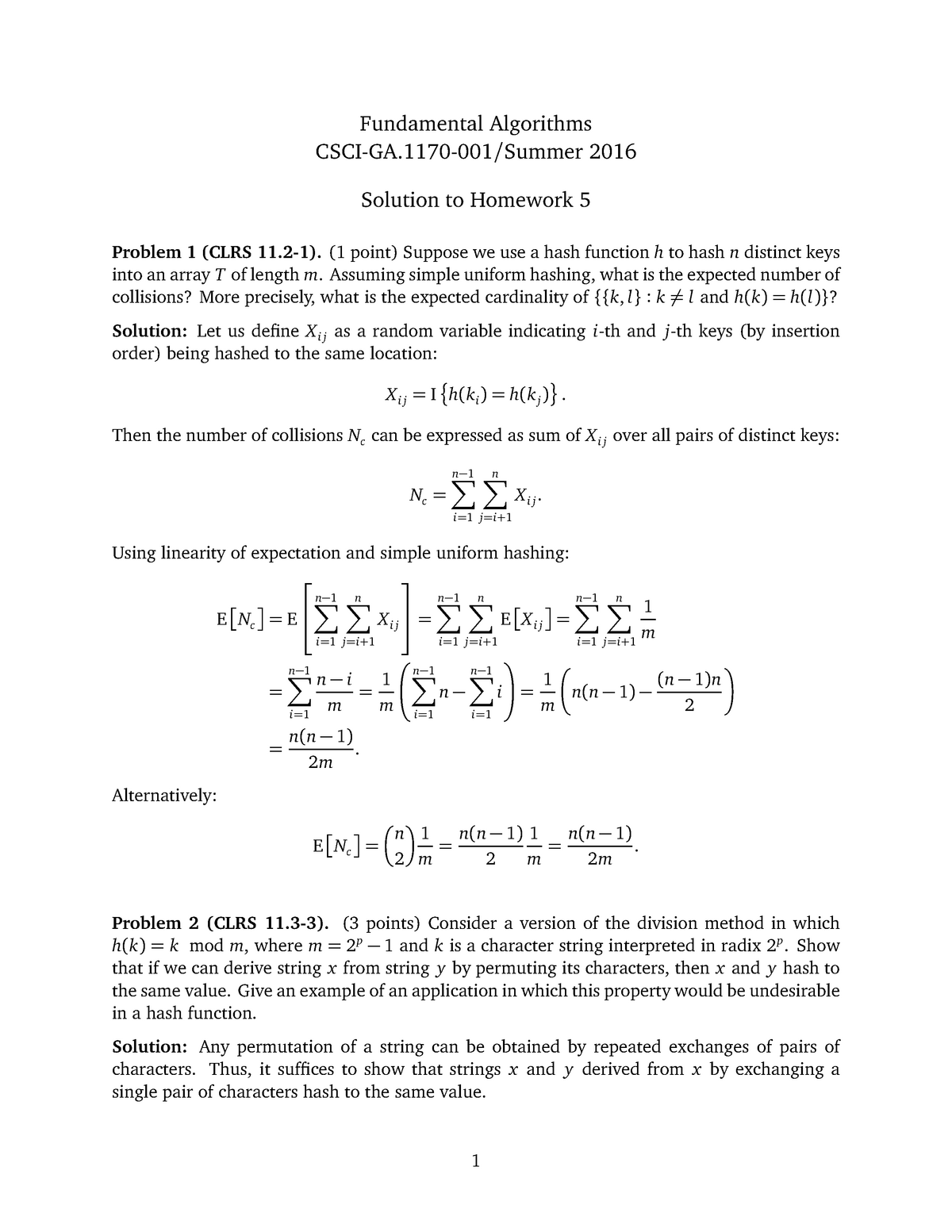 Hw05sol Assignment 5 Solution Fundamental Algorithms Csci Ga 1170 001 Summer Studocu