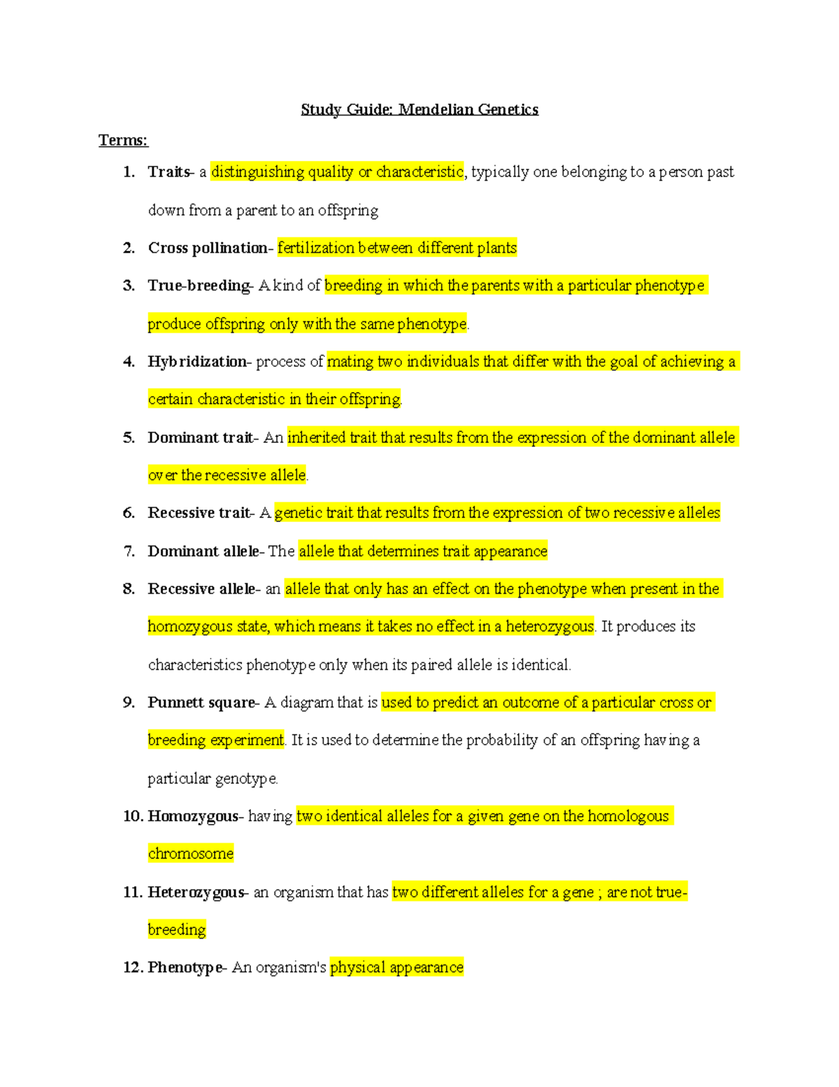 Study Guide Mendelian Genetics - Study Guide: Mendelian Genetics Terms ...