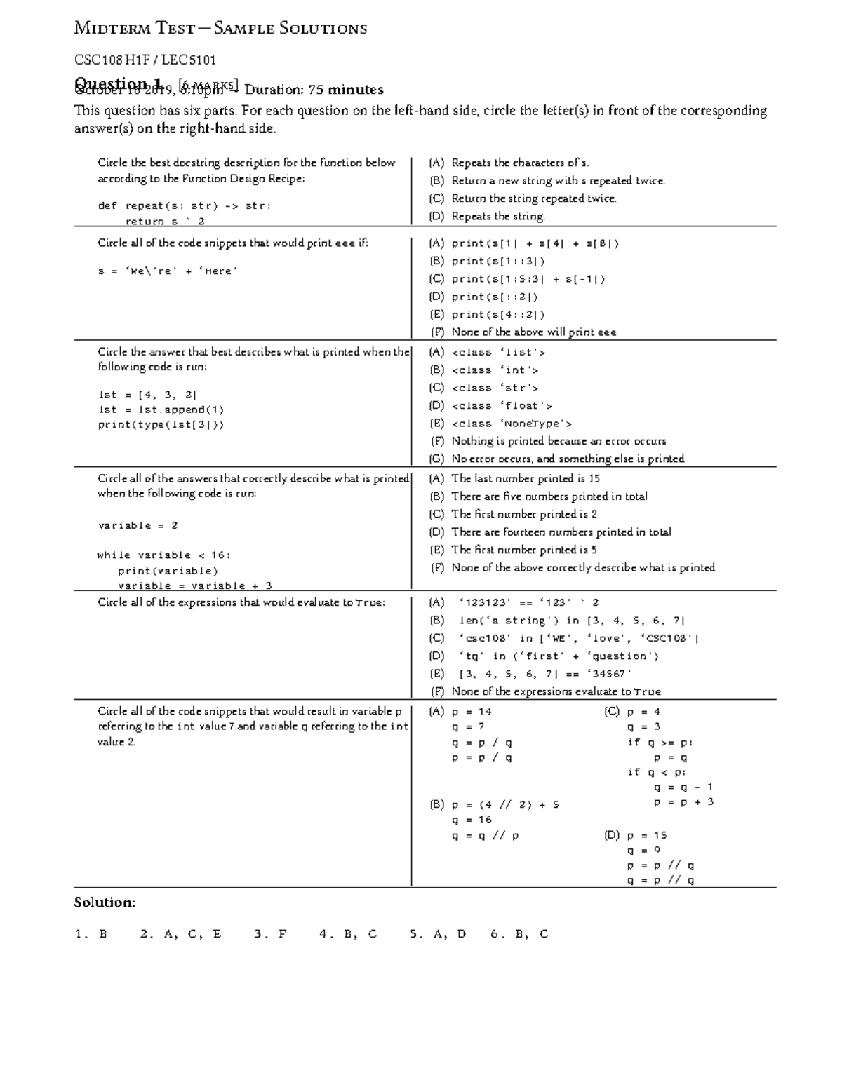 2019 Midterm Paper With Solutions - CSC108H1F / LEC October 16 2019, 6 ...