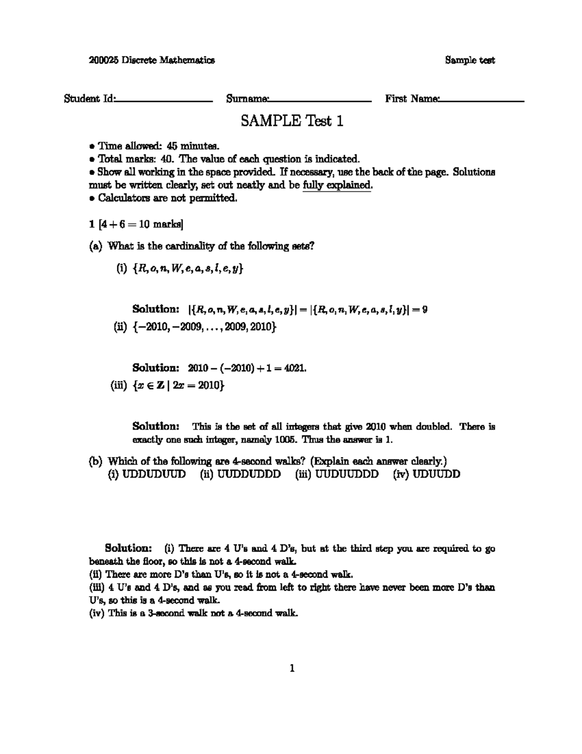 Sample Test 1 Discrete Mathematics Sample test Student First Name