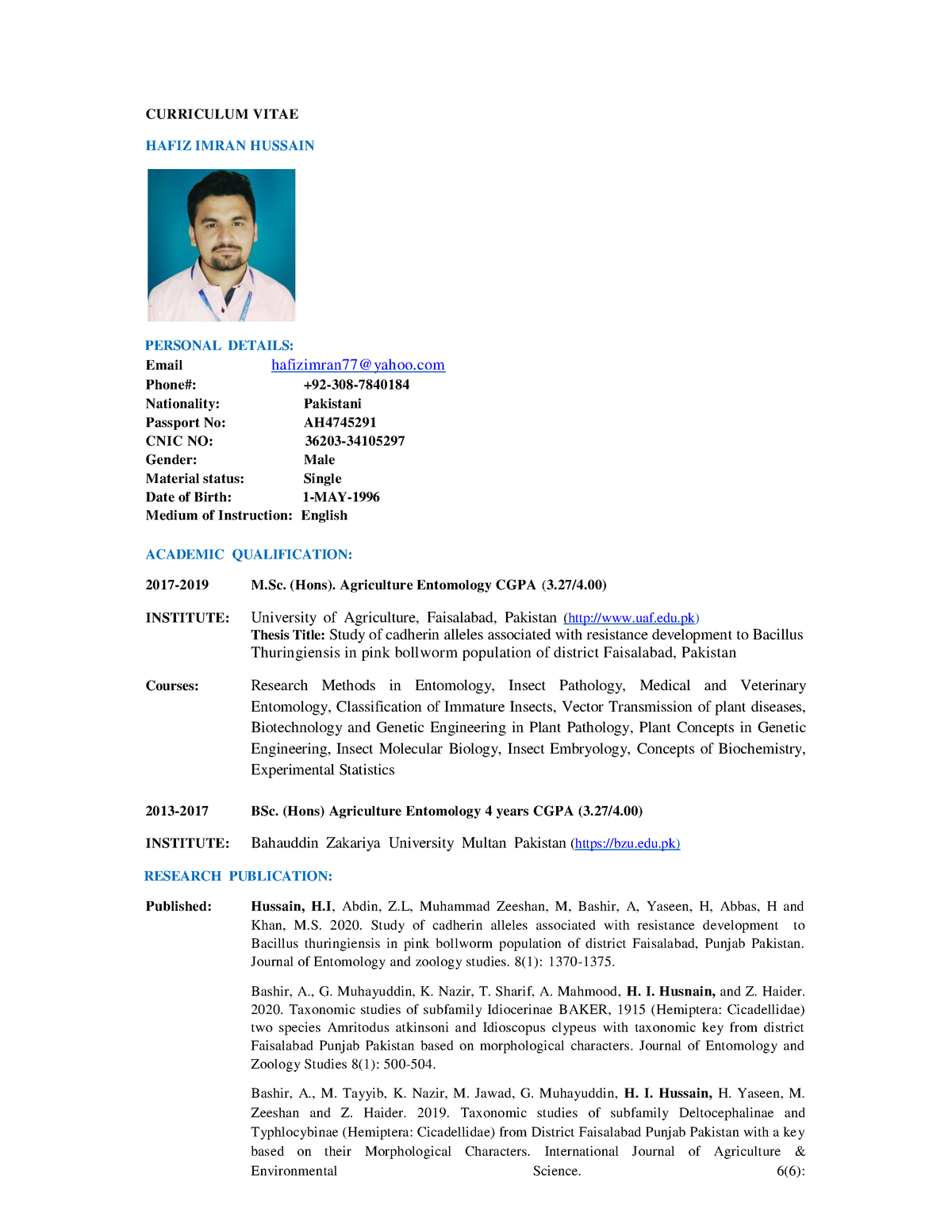 Hafiz Imran Hussain Cv For PHD - CURRICULUM VITAE HAFIZ IMRAN HUSSAIN ...