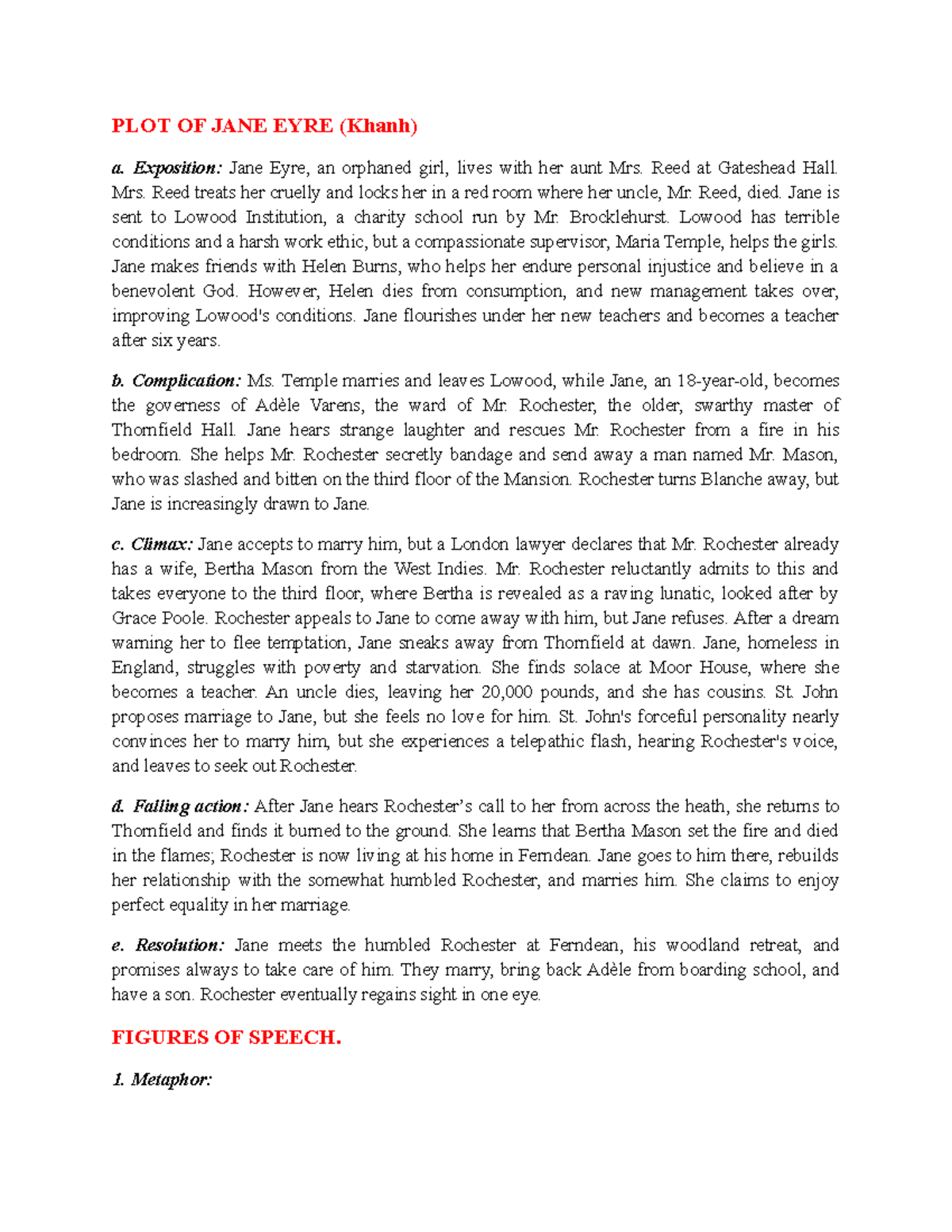 Analyze Jane Eyre PLOT OF JANE EYRE (Khanh) a. Exposition Jane Eyre