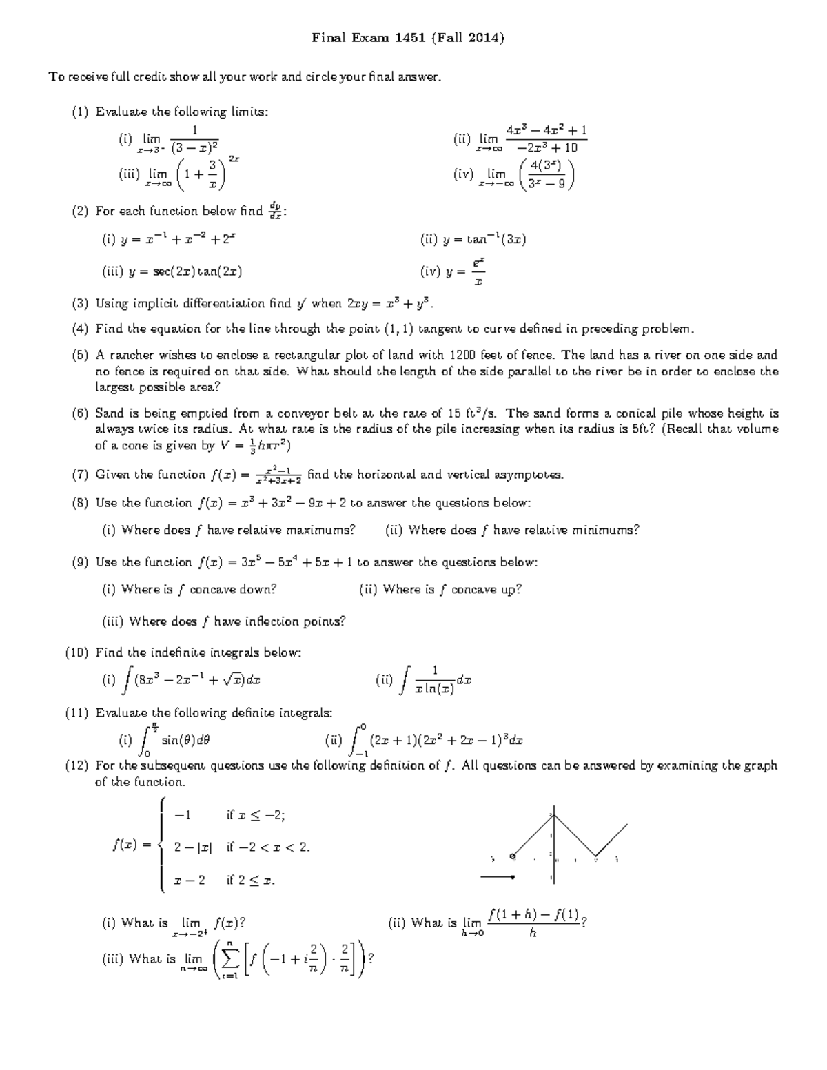 Math 1451 2014 Fall Final - Final Exam 1451 (Fall 2014) To receive full ...