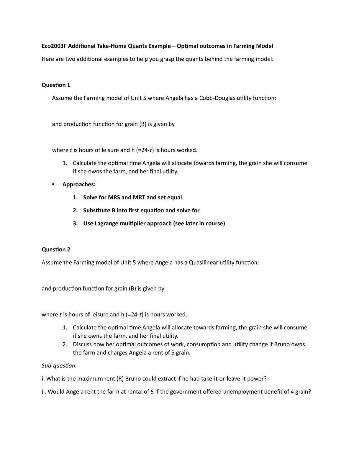 Class Exercise Quants Optimisation B Quest - Eco2003F Additional Take ...