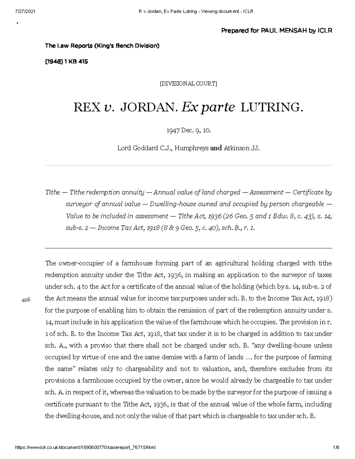 R v Jordan, Ex Parte Lutring , Prepared for PAUL MENSAH by ICLR The