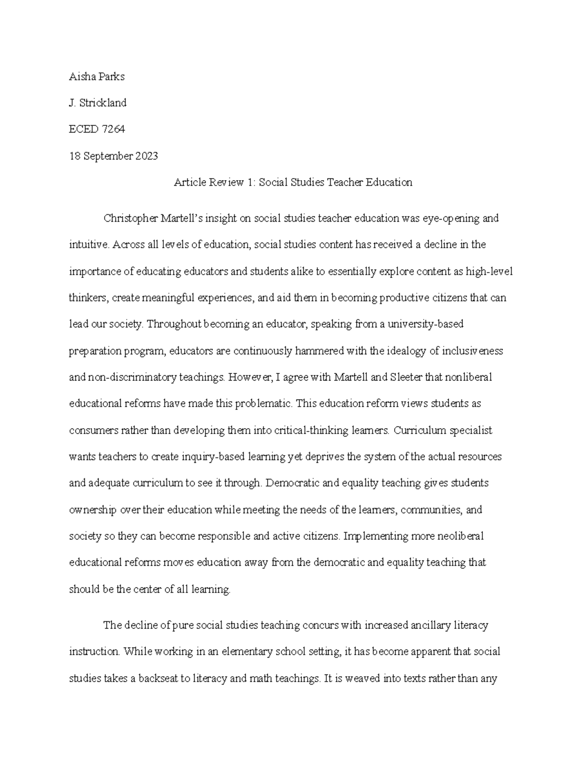 Article Review 1 Aisha Parks J. Strickland ECED 7264 18 September
