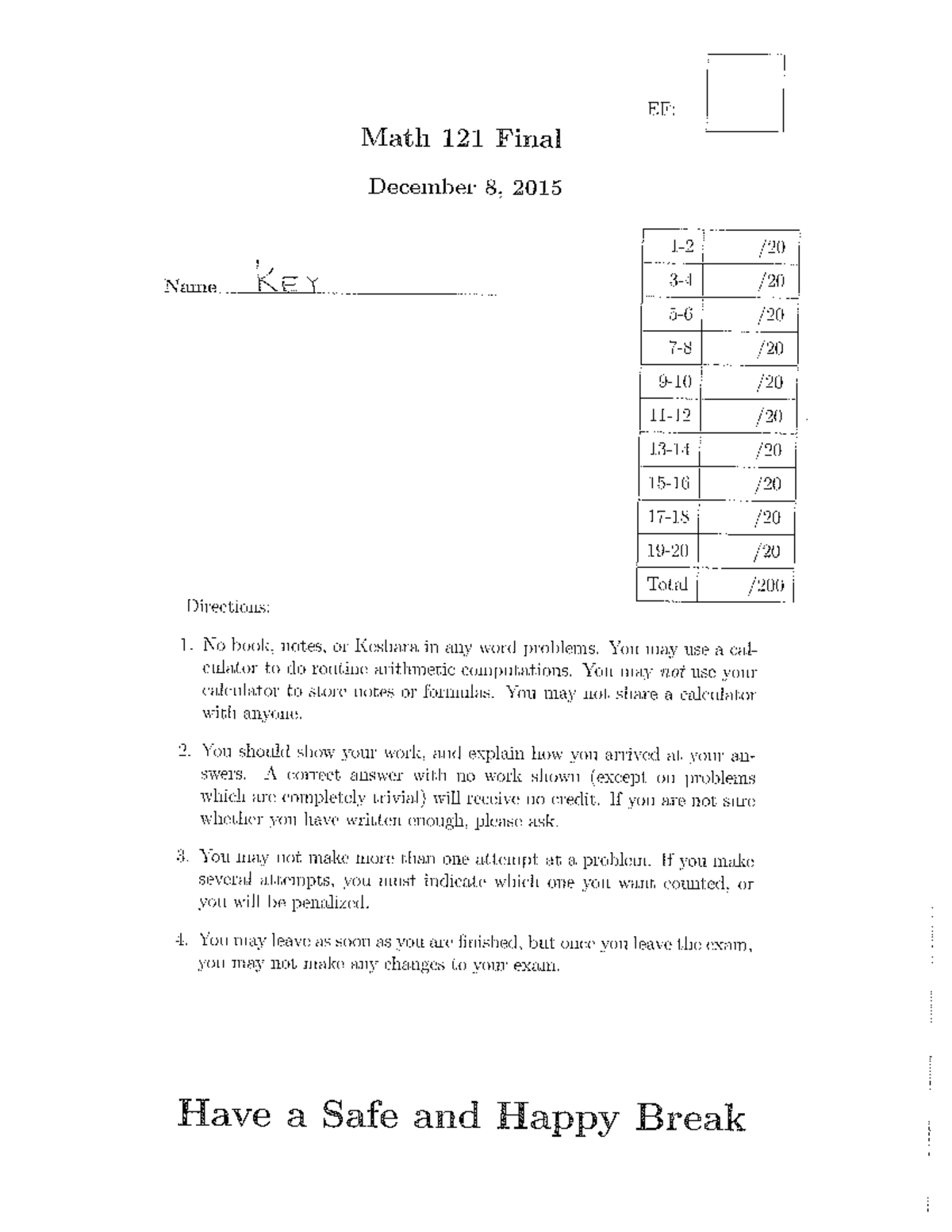 2015 Practice paper answers for the final exam - MATH 121 - Studocu