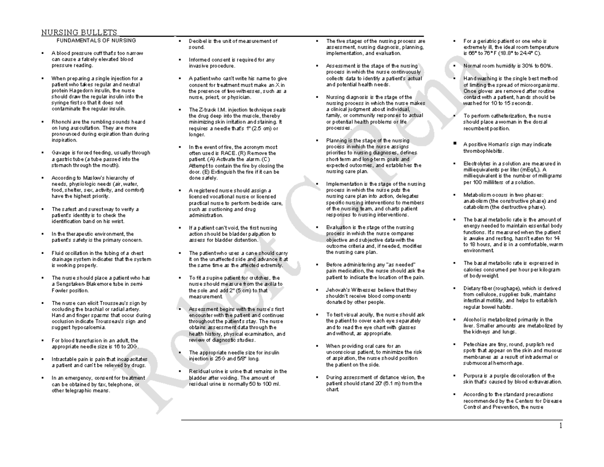 Nursing-Review-Bullets - FUNDAMENTALS OF NURSING A Blood Pressure Cuff ...