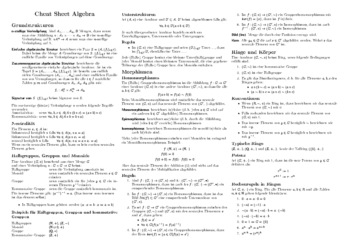 Cheat Sheet Algebra Lineare 1 Cheat Sheet Algebra Unterstrukturen Sei Grundstrukturen Auf B