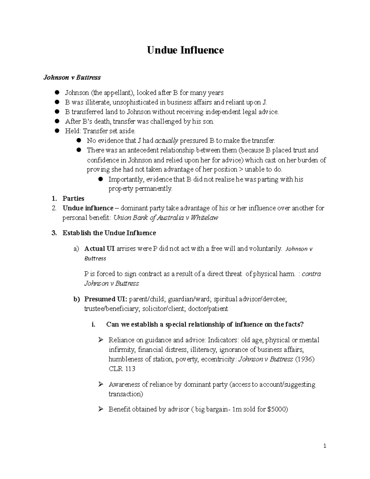 Exam Notes Undue Influence Johnson v Buttress Johnson (the appellant