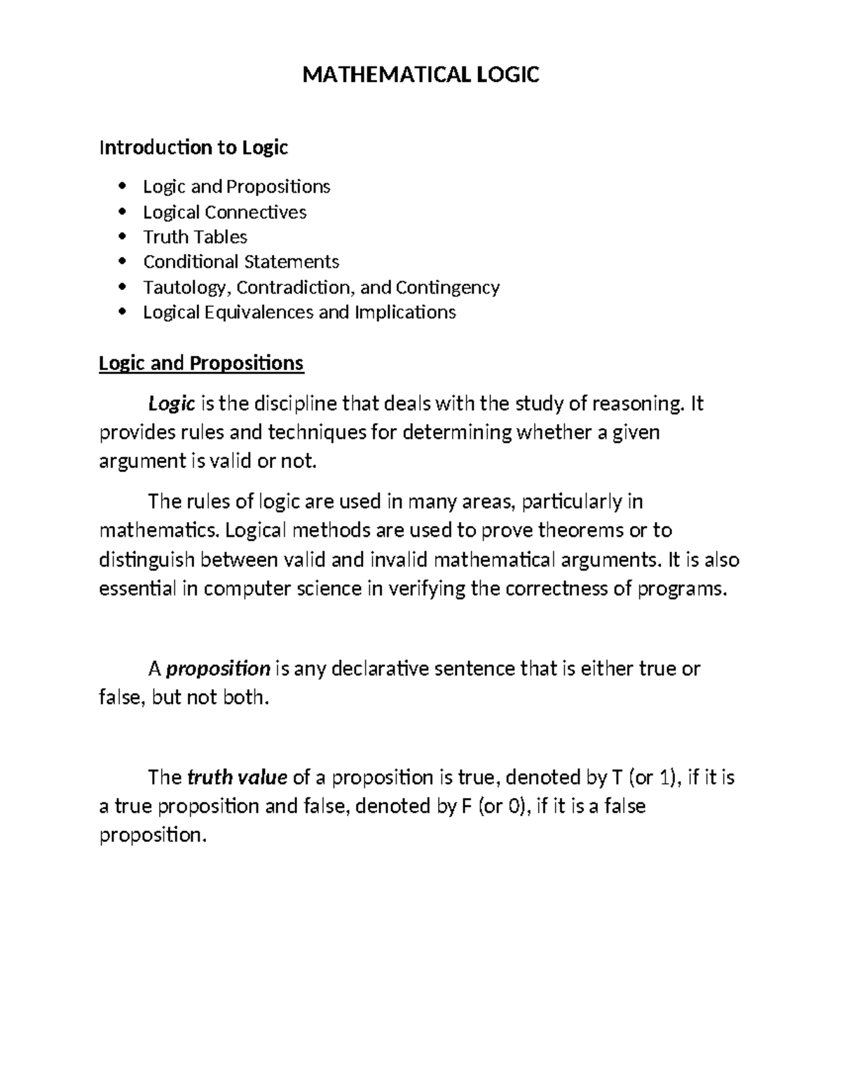 2.1 Mathematical Logic - MATHEMATICAL LOGIC Introduction To Logic Logic ...