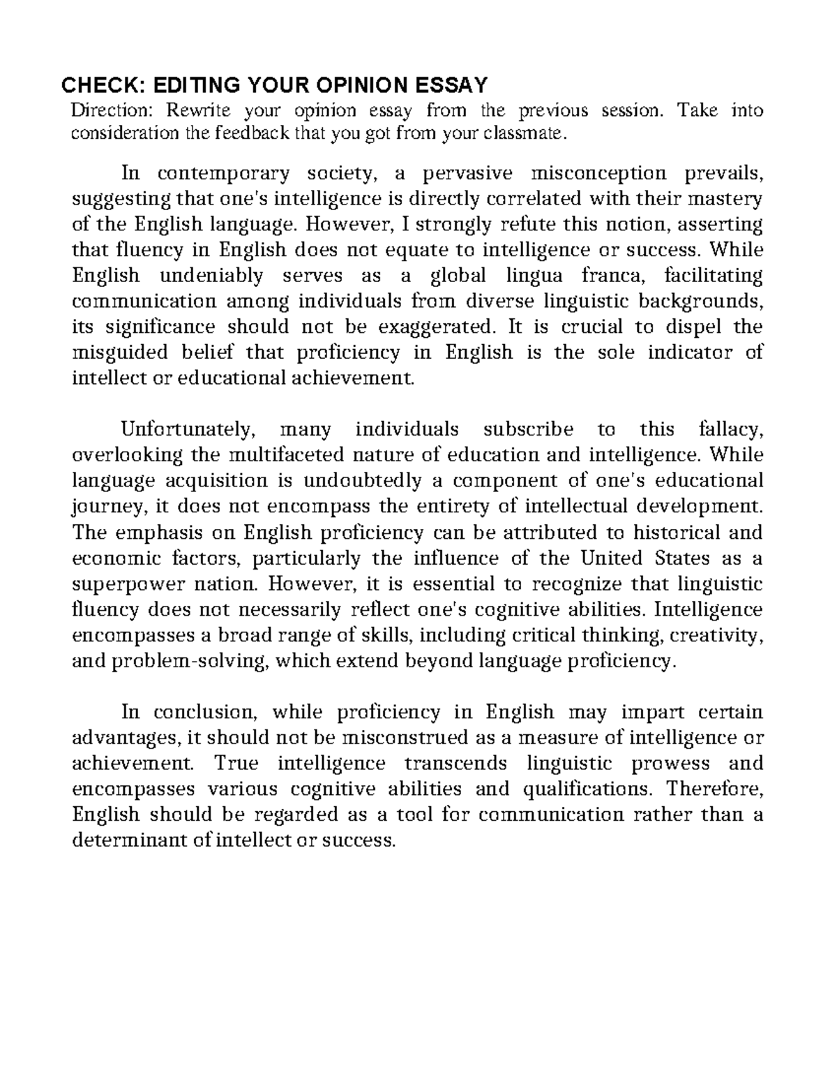 ENG 189 SAS 9 Check - CHECK: EDITING YOUR OPINION ESSAY Direction ...