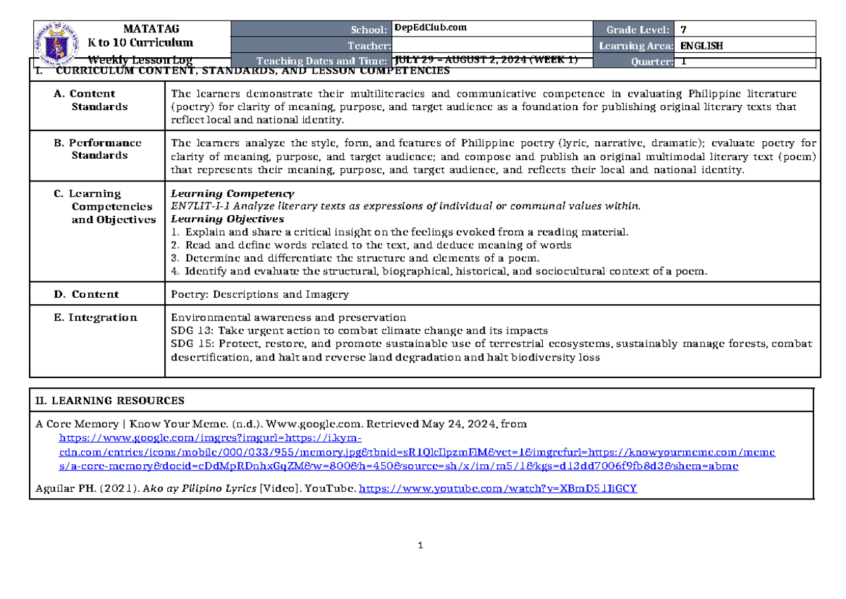 DLL Matatag English 7 Q1 W1 - I. CURRICULUM CONTENT, STANDARDS, AND ...