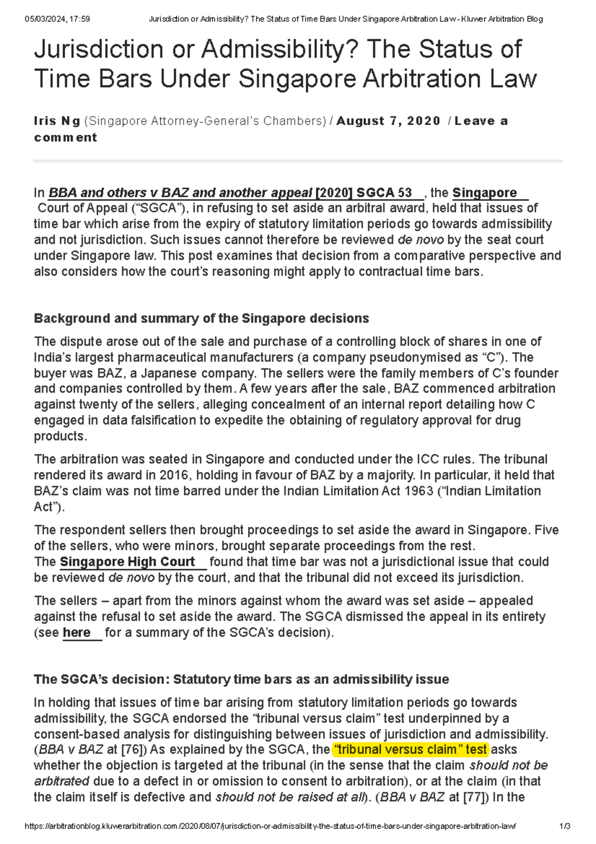 Jurisdiction or Admissibility The Status of Time Bars - - Studocu