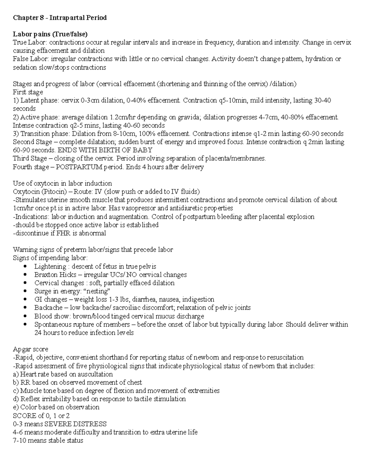 OB Nursing and Pediatrics Quiz Notes - Chapter 8 - Intrapartal Period ...