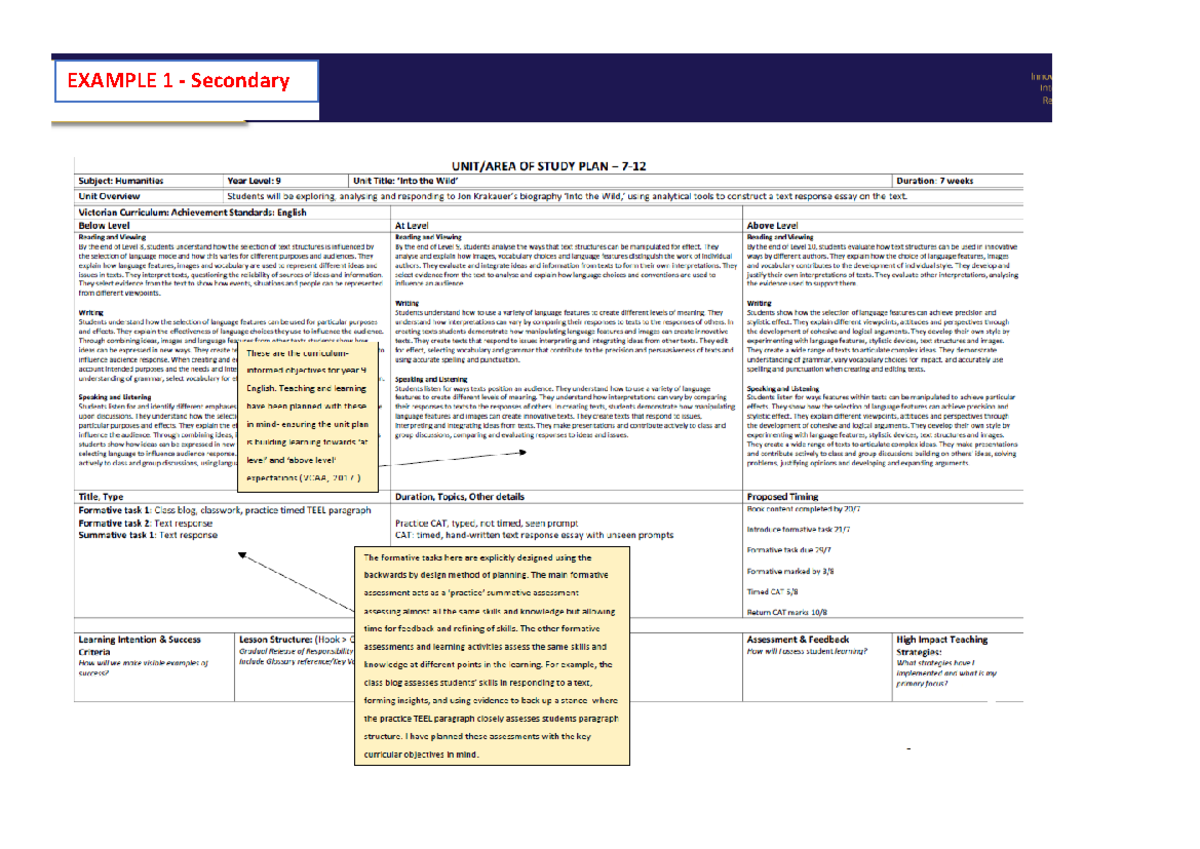 Unit Plan Example 1 secondary - EDFD 548 - EXAMPLE 1 - Secondary - Studocu