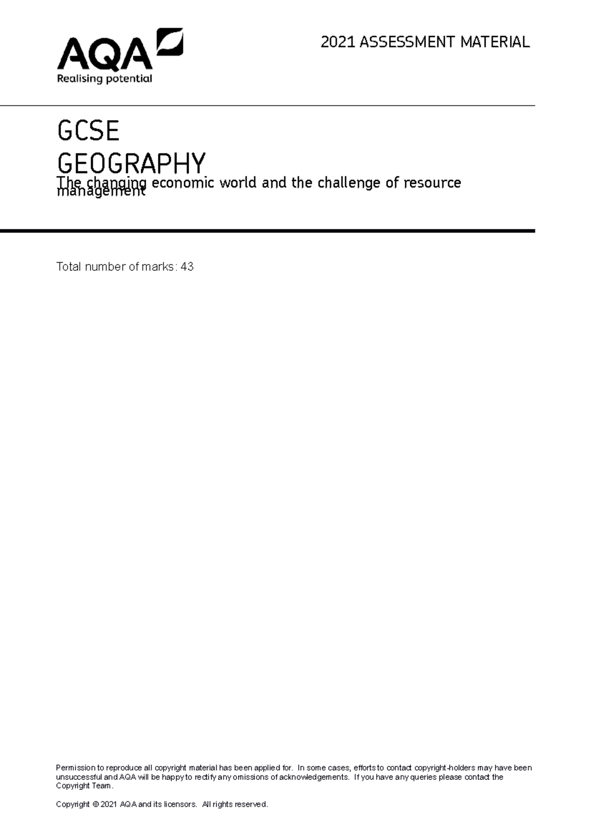 AQA 8035 CE RM AM 2021 - Hahah - GCSE GEOGRAPHY The changing economic ...