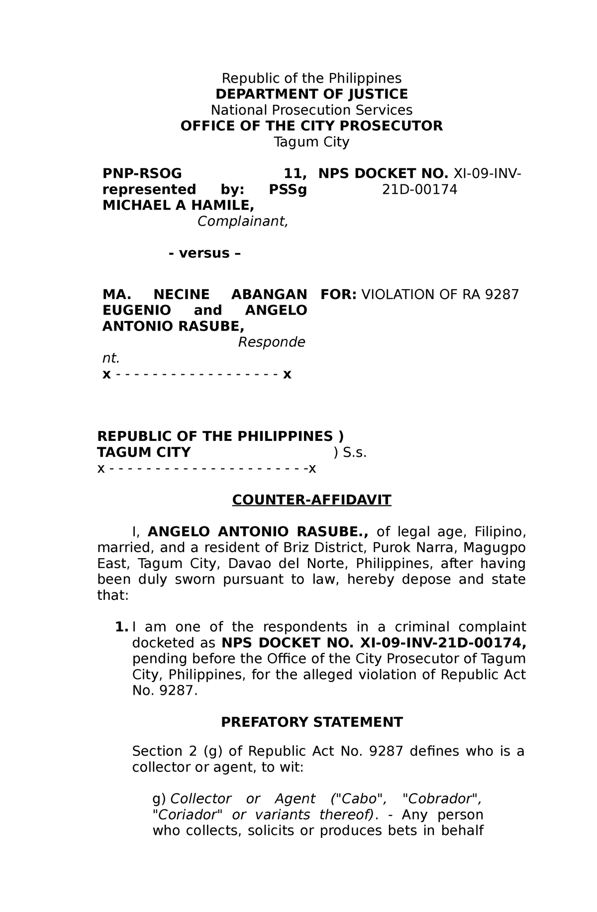 The Counter Affidavit Of Angelo Antonio R Asube Republic Of The Philippines Department Of 2167