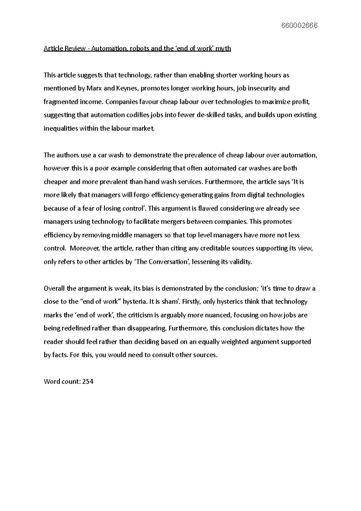 Article Review - 660002666 Article Review - Automation, robots and the ...