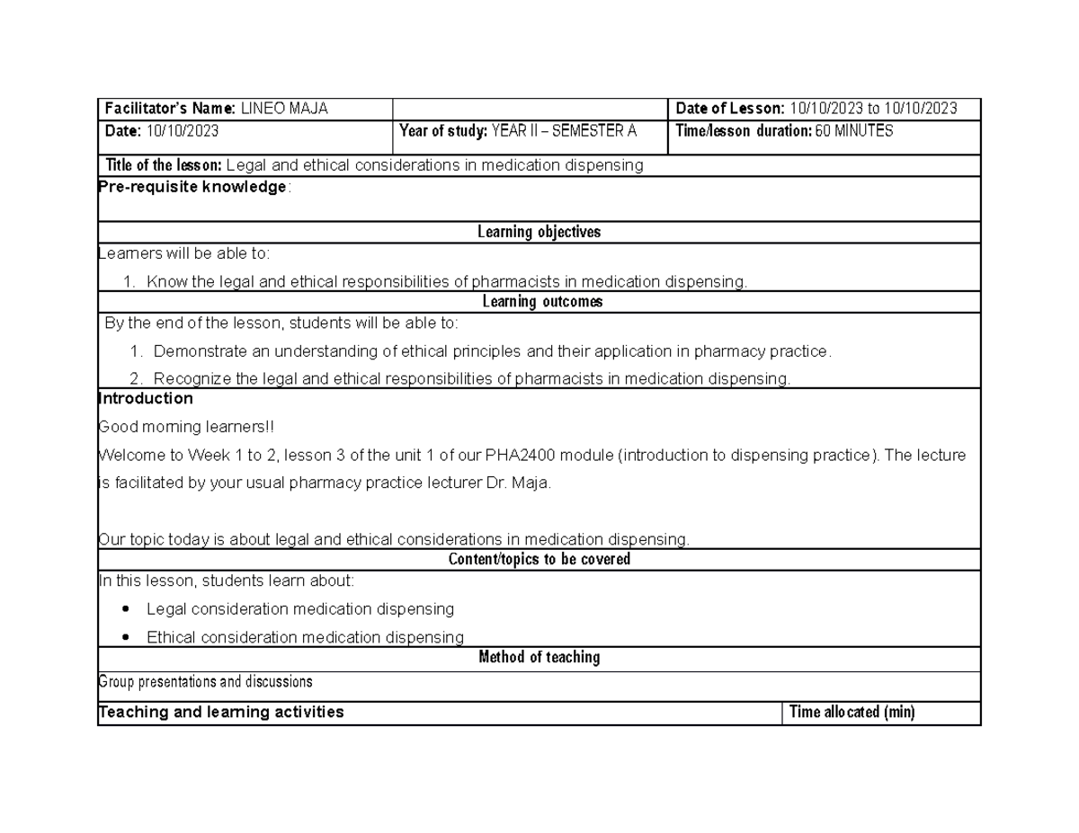 PHA2400 Week+1-2 Lesson+3+Plan - Facilitator’s Name: LINEO MAJA Date of ...