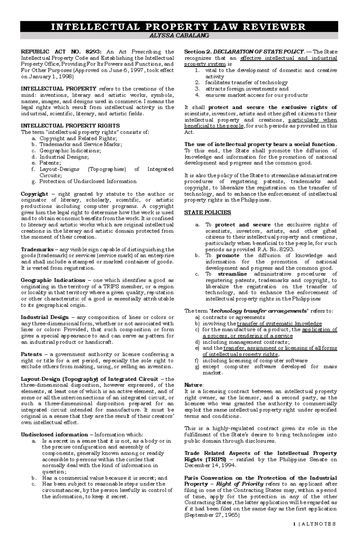 Intellectual Property LAW Reviewer and D I N T E L L E C T U A L P R