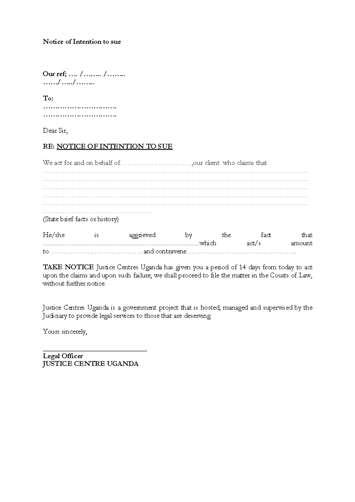 Civil Proceedings - Notice of Intention to sue Our ref ...