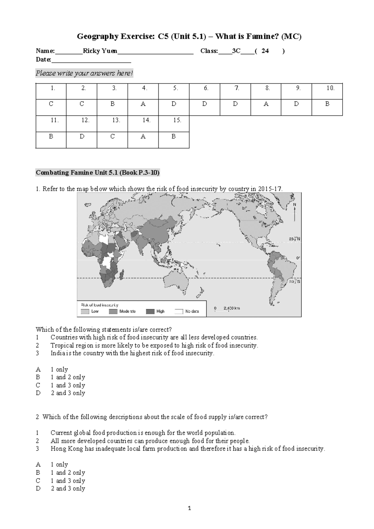 Ex MC 1 What is famine Student 3C 24 - Geography Exercise: C5 (Unit 5 ...