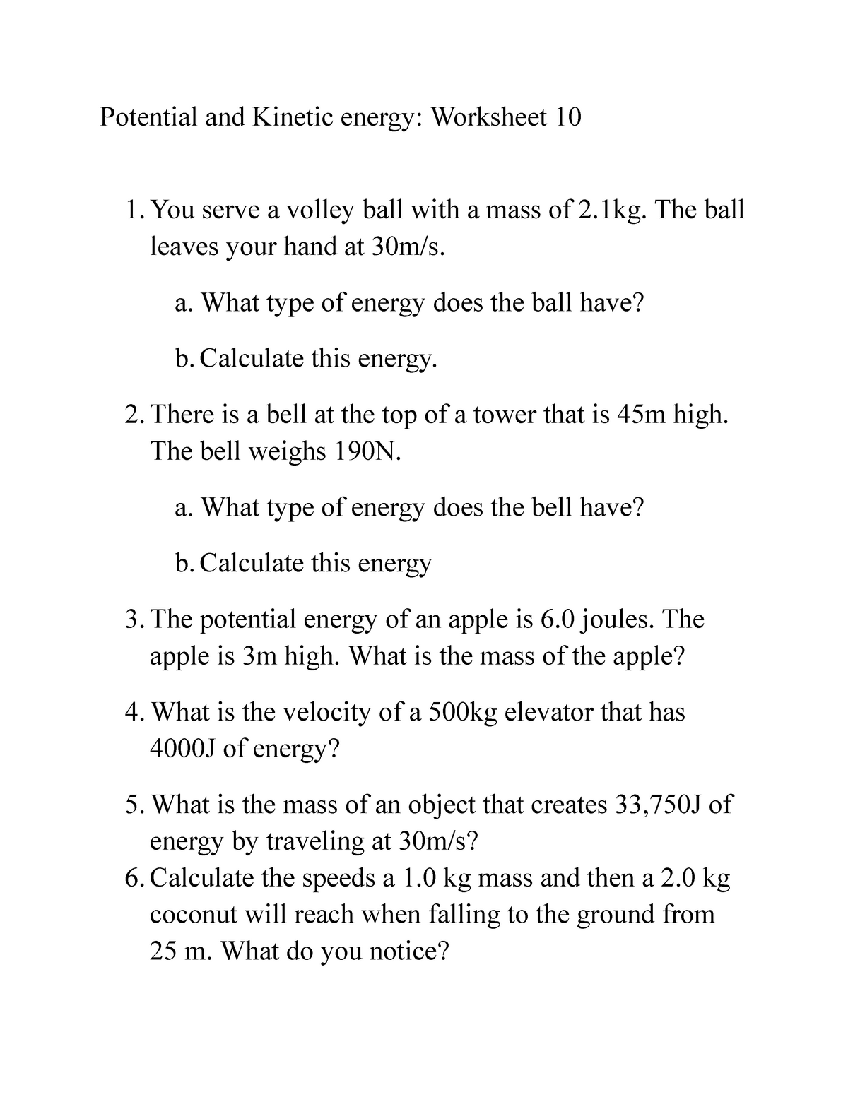 Potential and Kinetic energy - Introduction to Electricity and For Potential And Kinetic Energy Worksheet