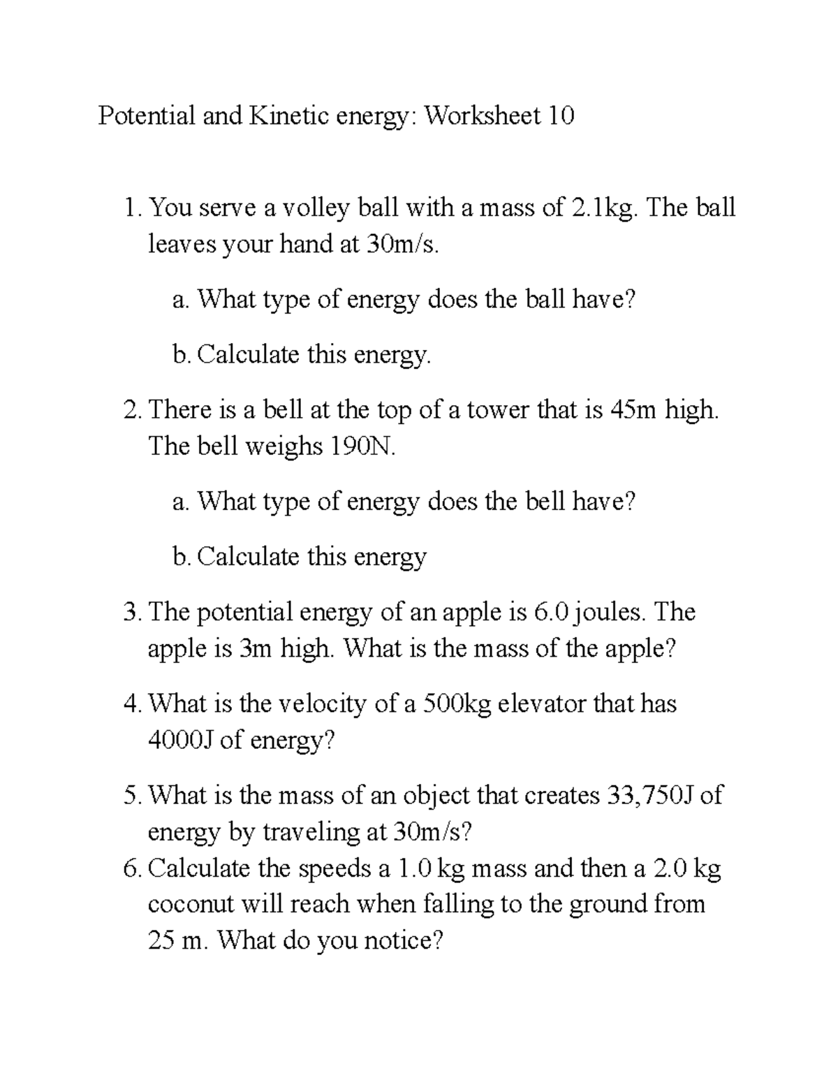 Potential and Kinetic energy - Introduction to Electricity and With Potential And Kinetic Energy Worksheet