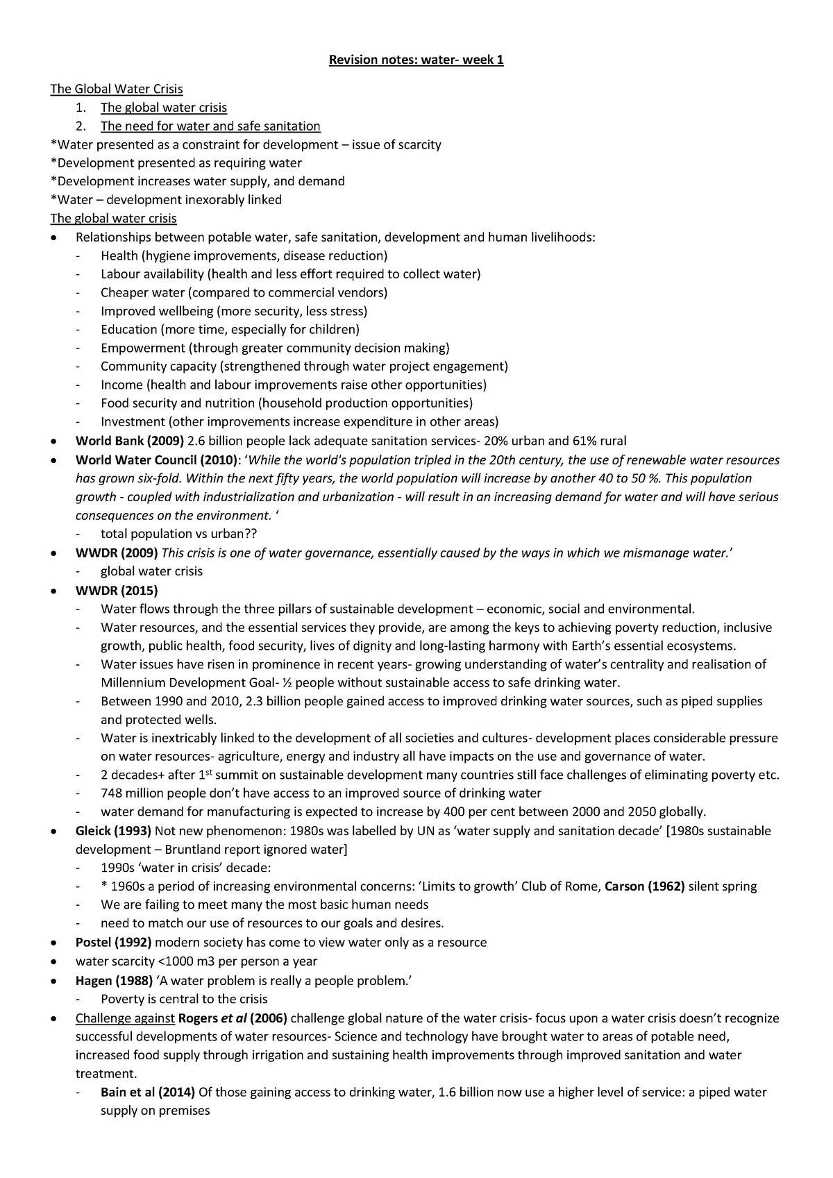 Lecture notes, lectures 1-6, 9-11 - Revision notes: water- week 1 The ...