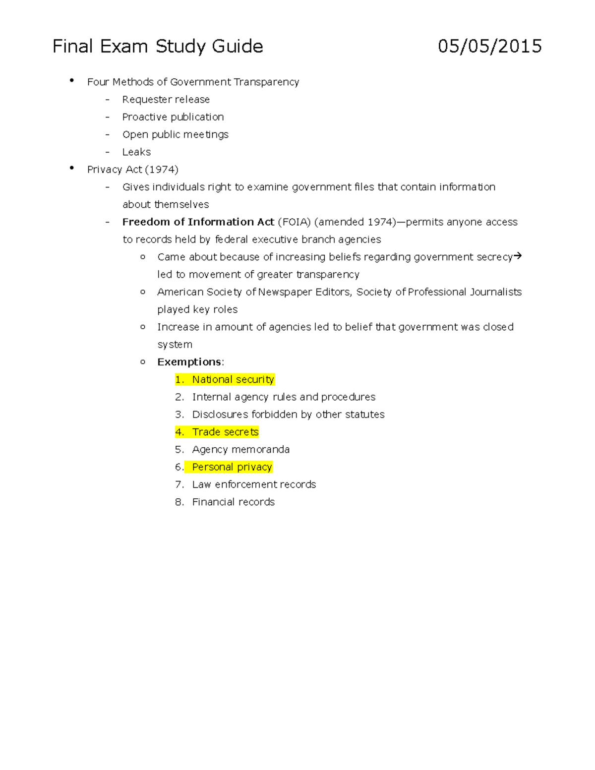 Final Exam Study Guide - Summary Communications Law - Final Exam Study ...