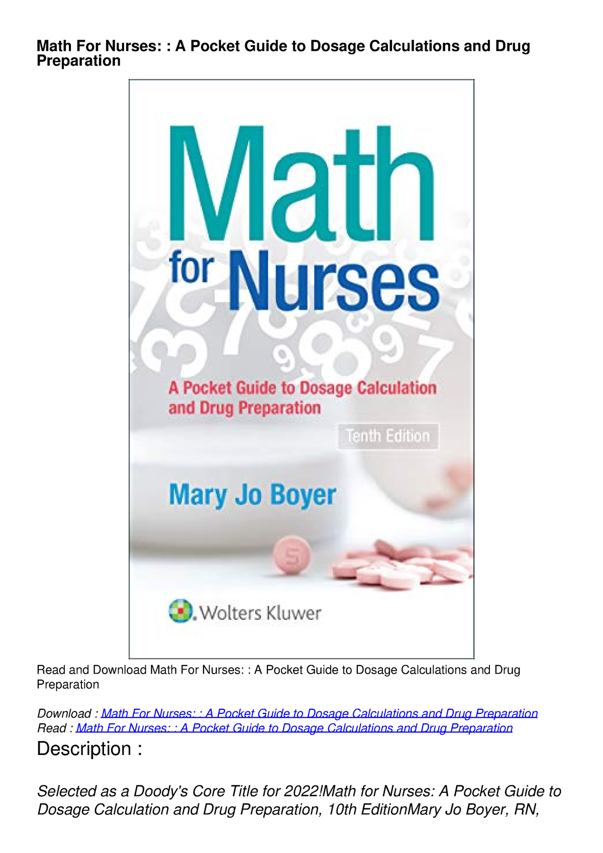 PDF/READ Math For Nurses: : A Pocket Guide To Dosage Calculations And ...