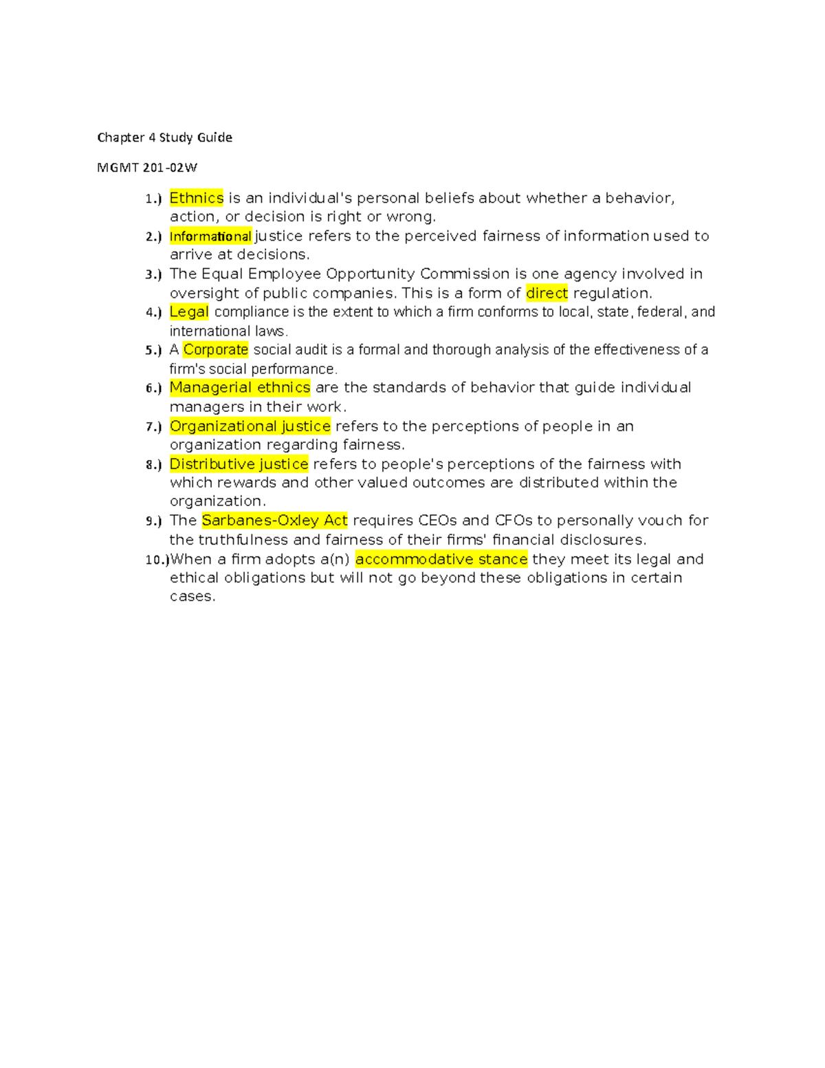 Chapter 4 Management Study Guide - Chapter 4 Study Guide MGMT 201-02W 1 ...