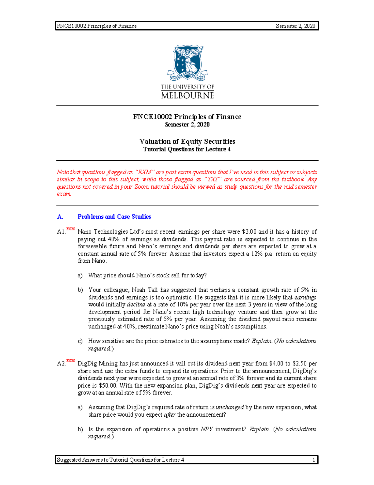 Tutorial 04 (LMS) - 2020 Week 3 Lectures - FNCE10002 Principles of ...
