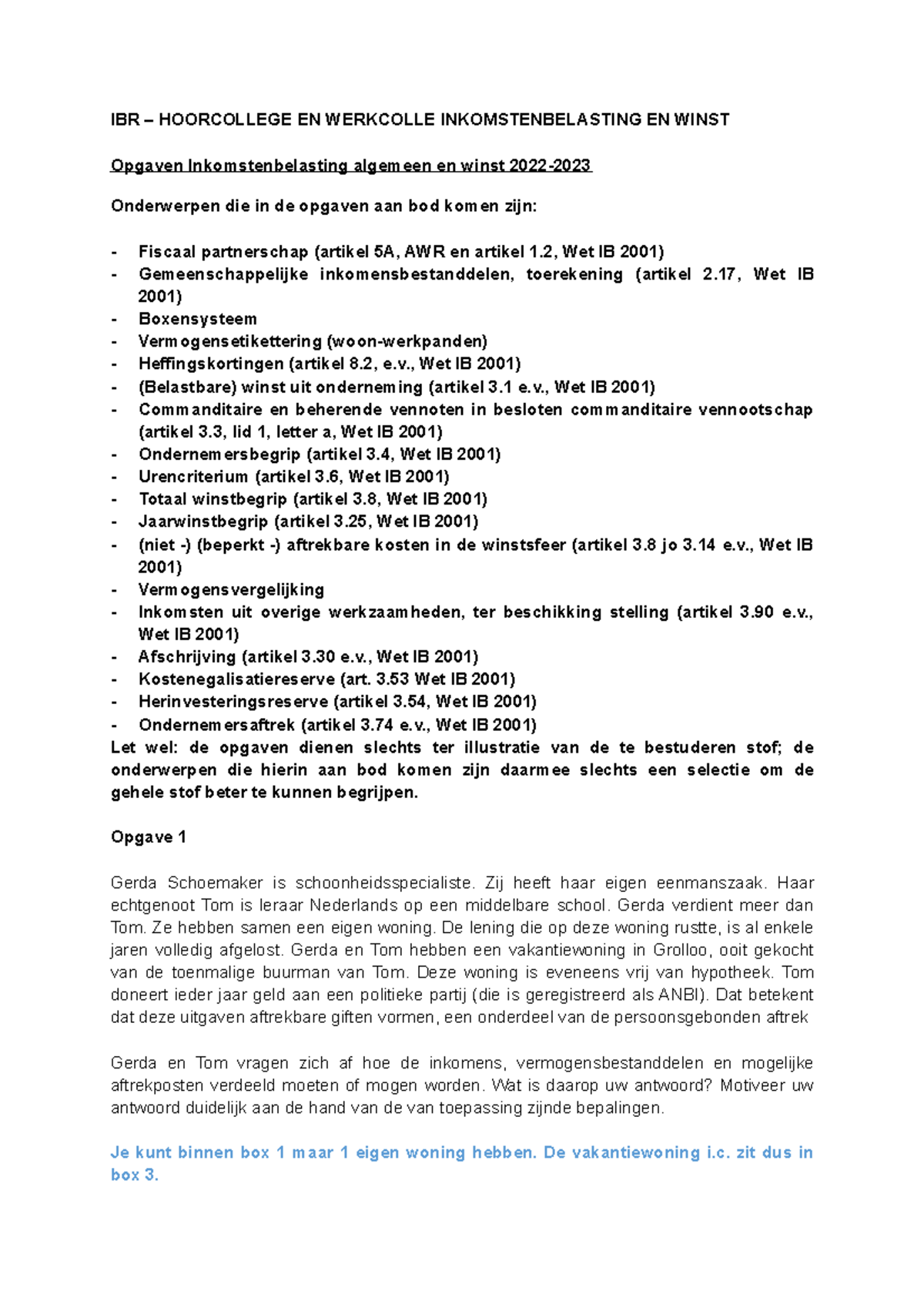 Opgaven Inleiding Belastingrecht 2022-2023 Inkomstenbelasting Algemeen ...