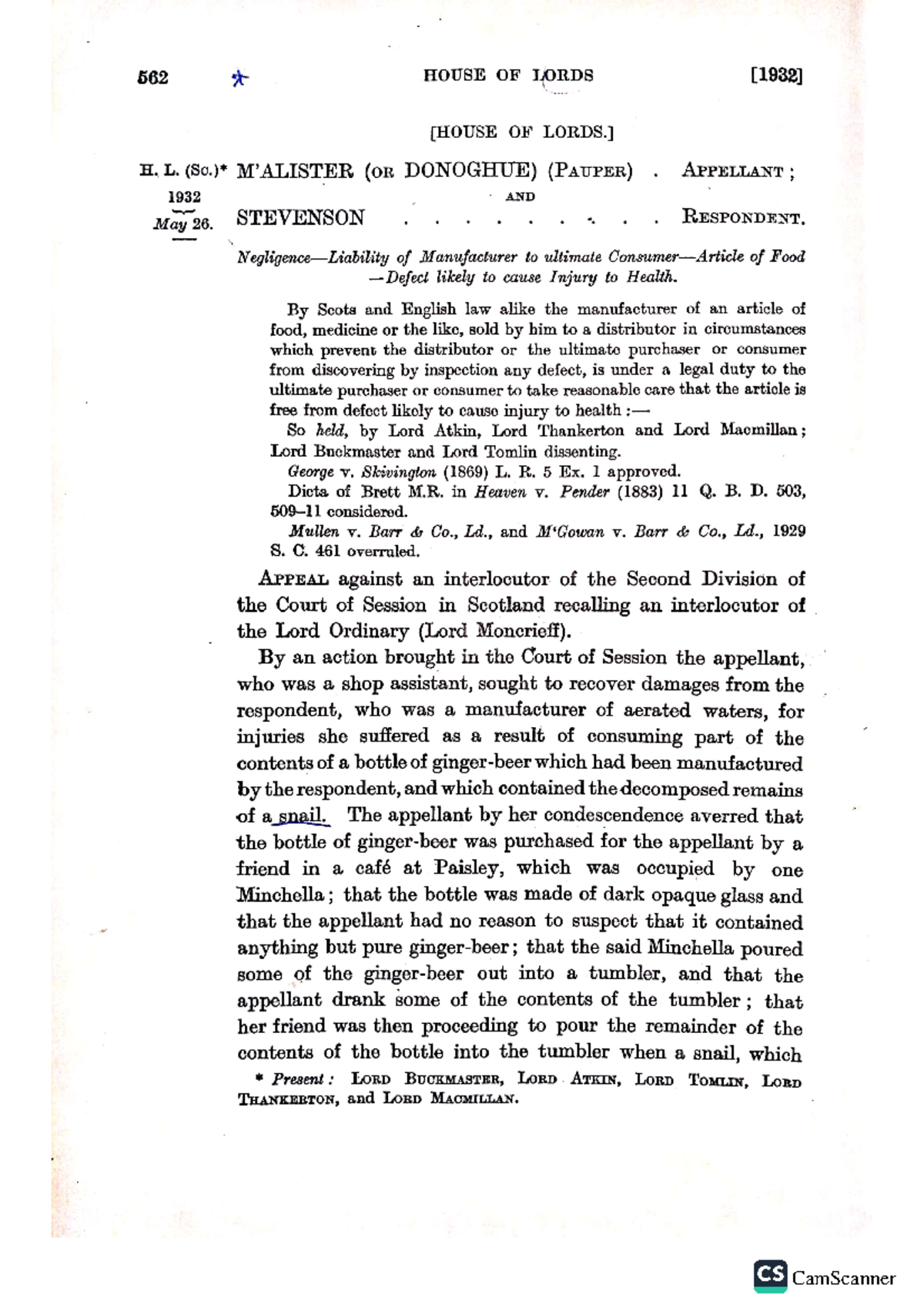 Donoghue v Stevenson (1932) AC 562 - 562 HOUSE OF LORDS OF H. L. (OR ...