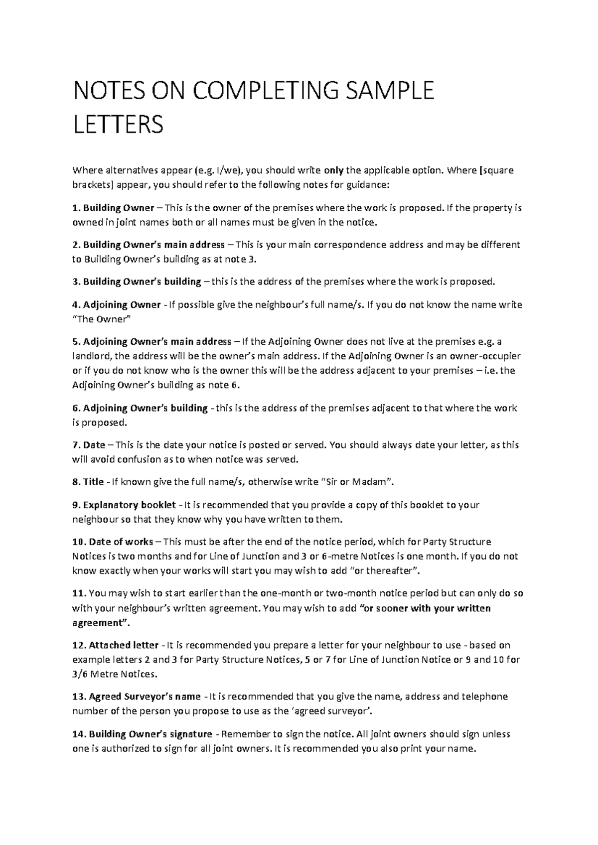 Party wall example letters - NOTES ON COMPLETING SAMPLE LETTERS Where ...