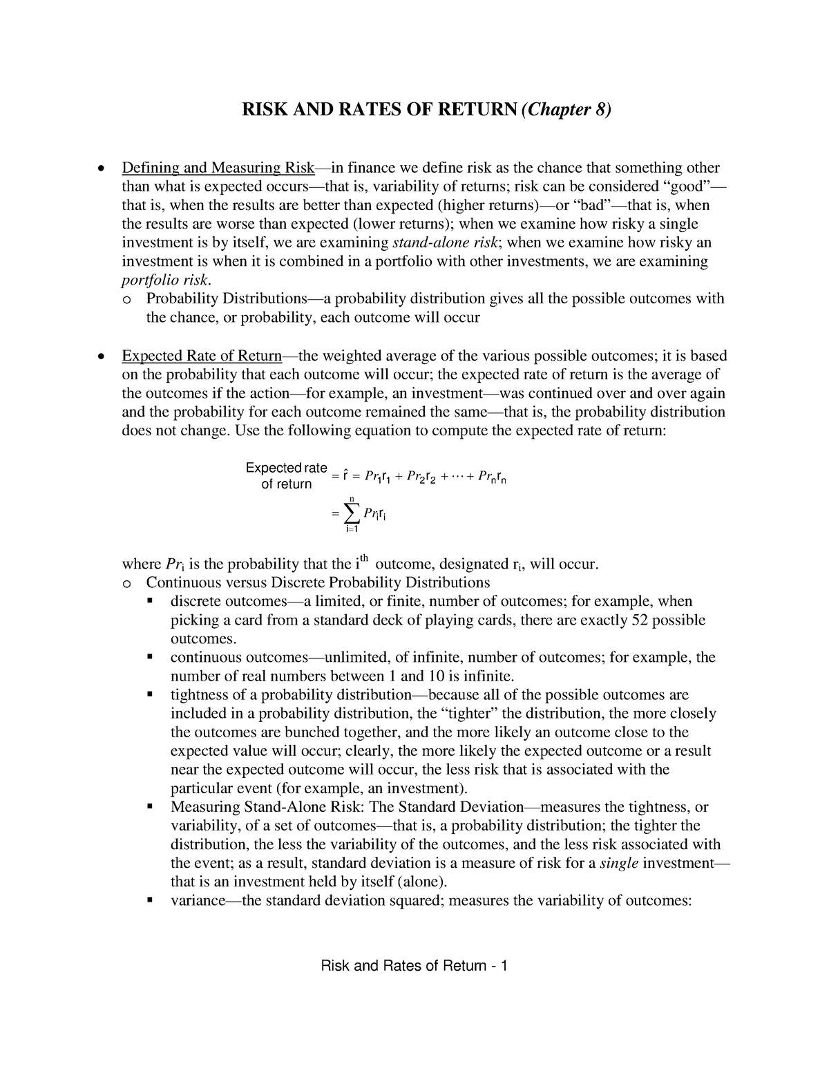 Risk - Risk And Returns Concepts - RISK AND RATES OF RETURN (Chapter 8 ...