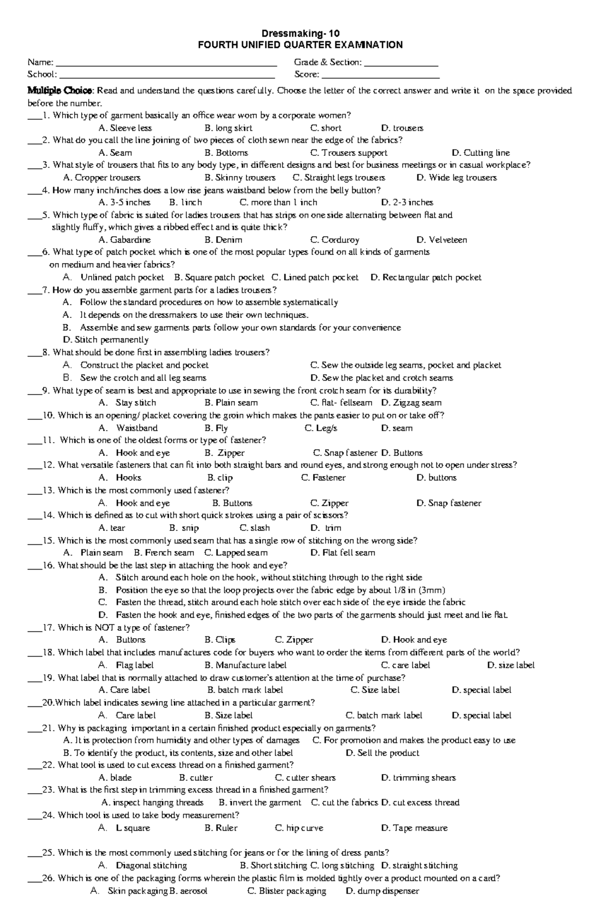 4TH QUARTER GRADE 10 Dressmaking TEST QUESTION - Dressmaking- 10 FOURTH ...