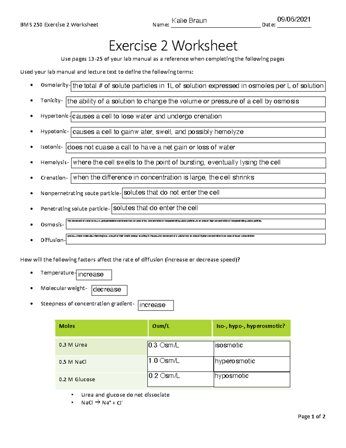 Exercise 2 Handout (osmosis) BMS 250 Exercise 2 Worksheet Name