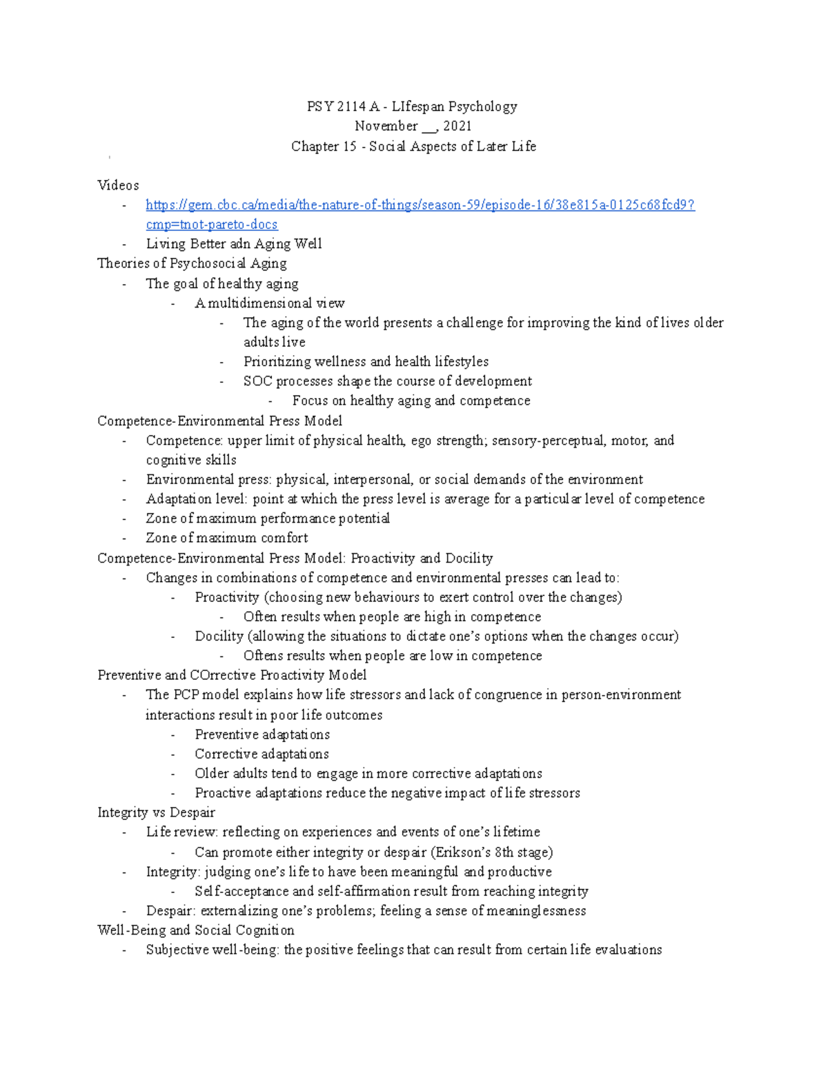 Chapter 15 Social Aspects of Later Life PSY 2114 A LIfespan