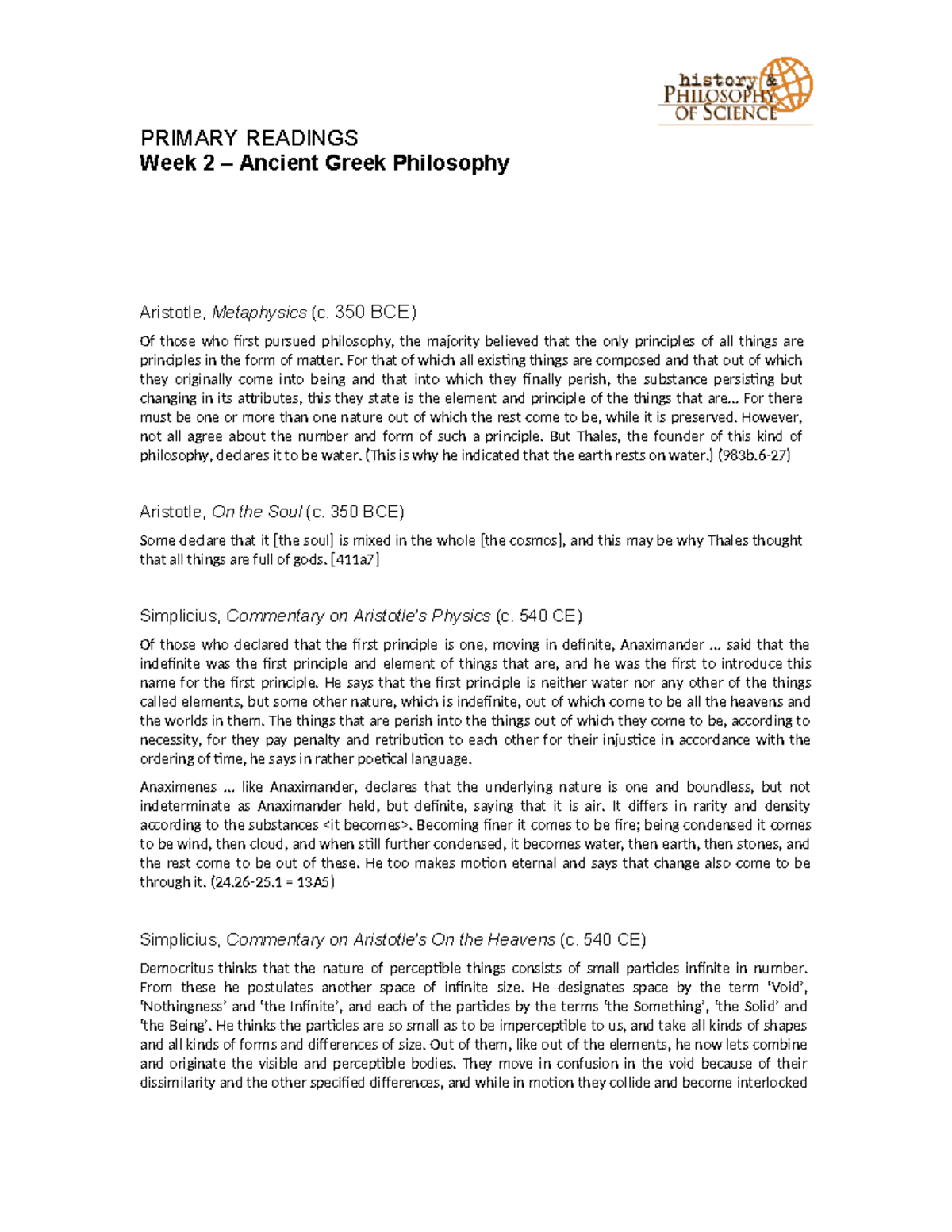 Primary+reading+-+week+2 - PRIMARY READINGS Week 2 – Ancient Greek ...