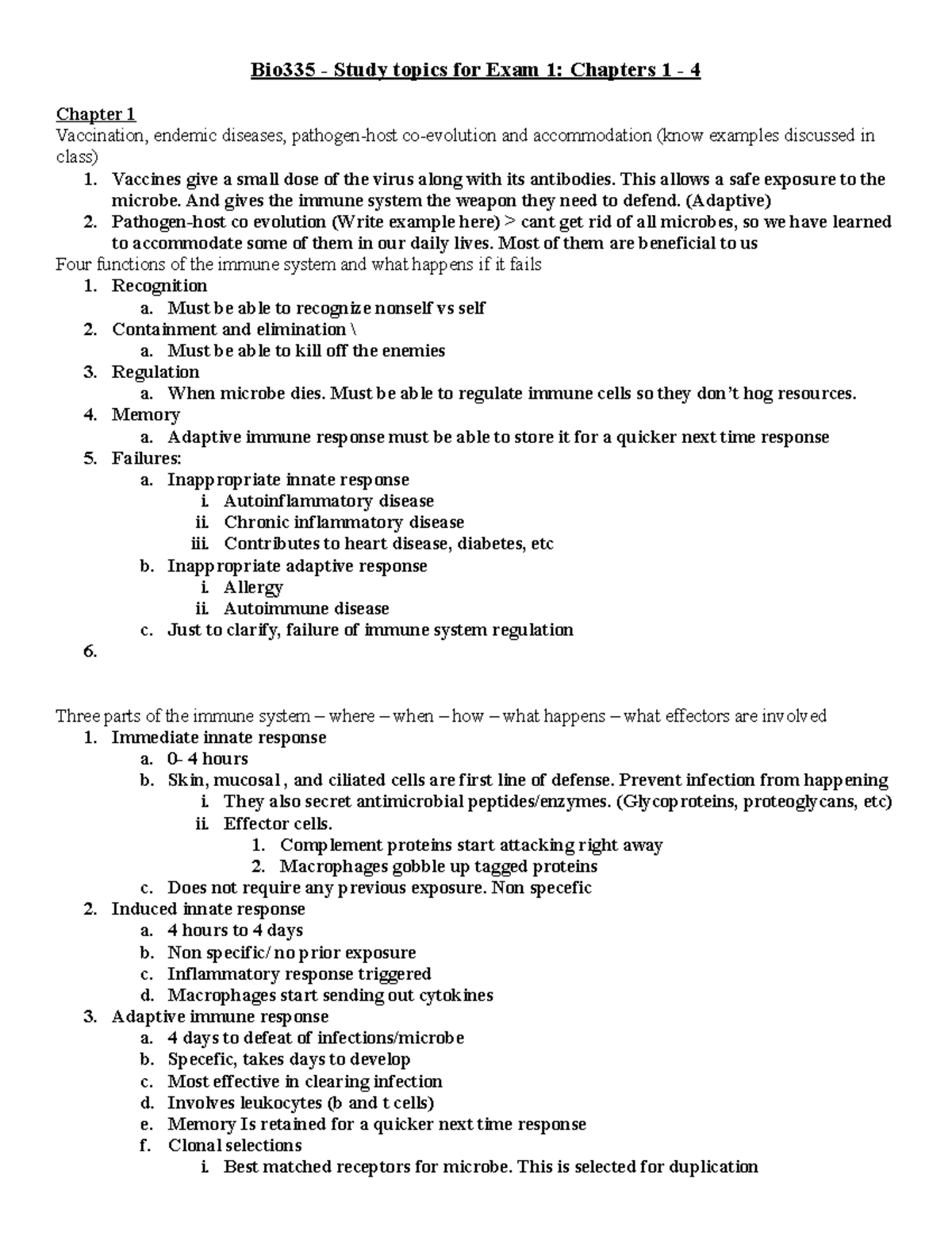 Bio335 Study Guide Exam 1 - Chapters 1- 4 - Bio335 - Study topics for ...