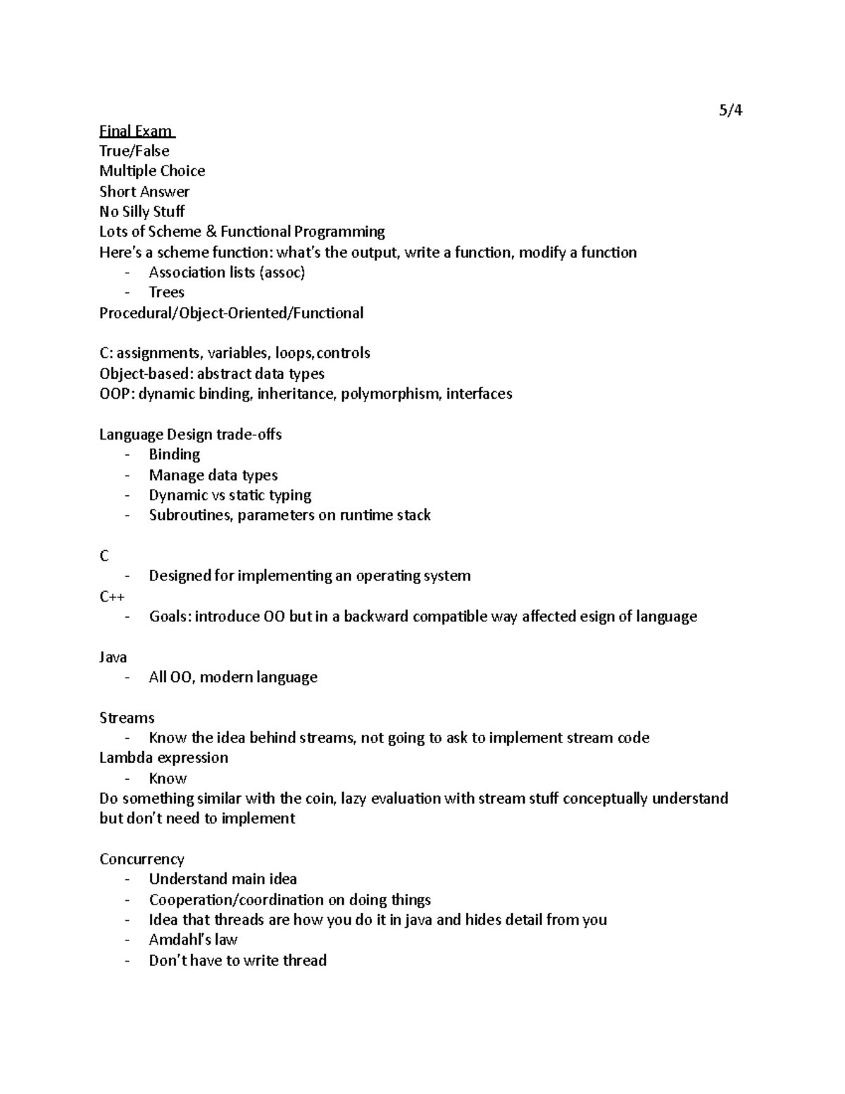 5:4 - Lecture Notes - 5/ Final Exam True/False Multiple Choice Short ...