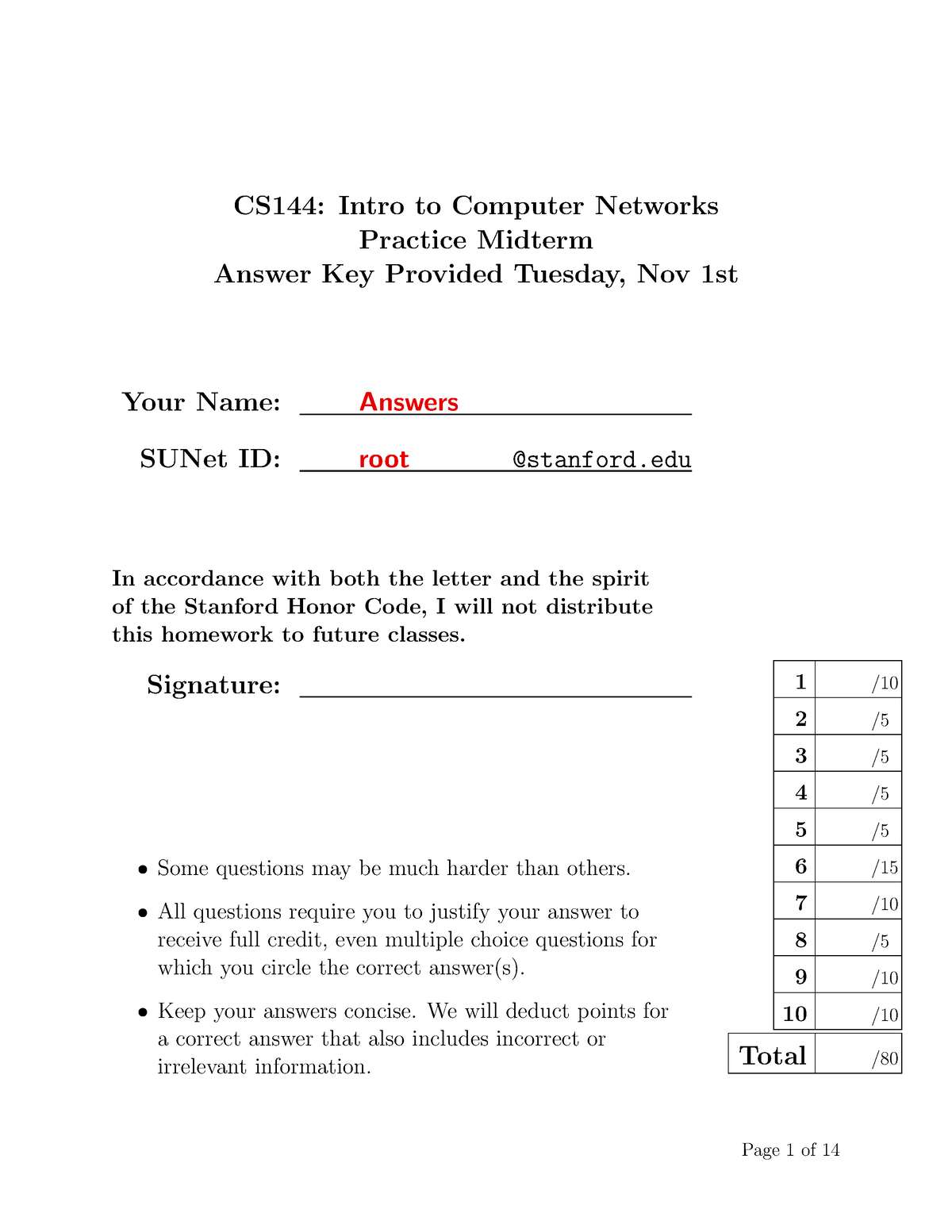 Cs144practicemidtermans - CS144: Intro To Computer Networks Practice ...