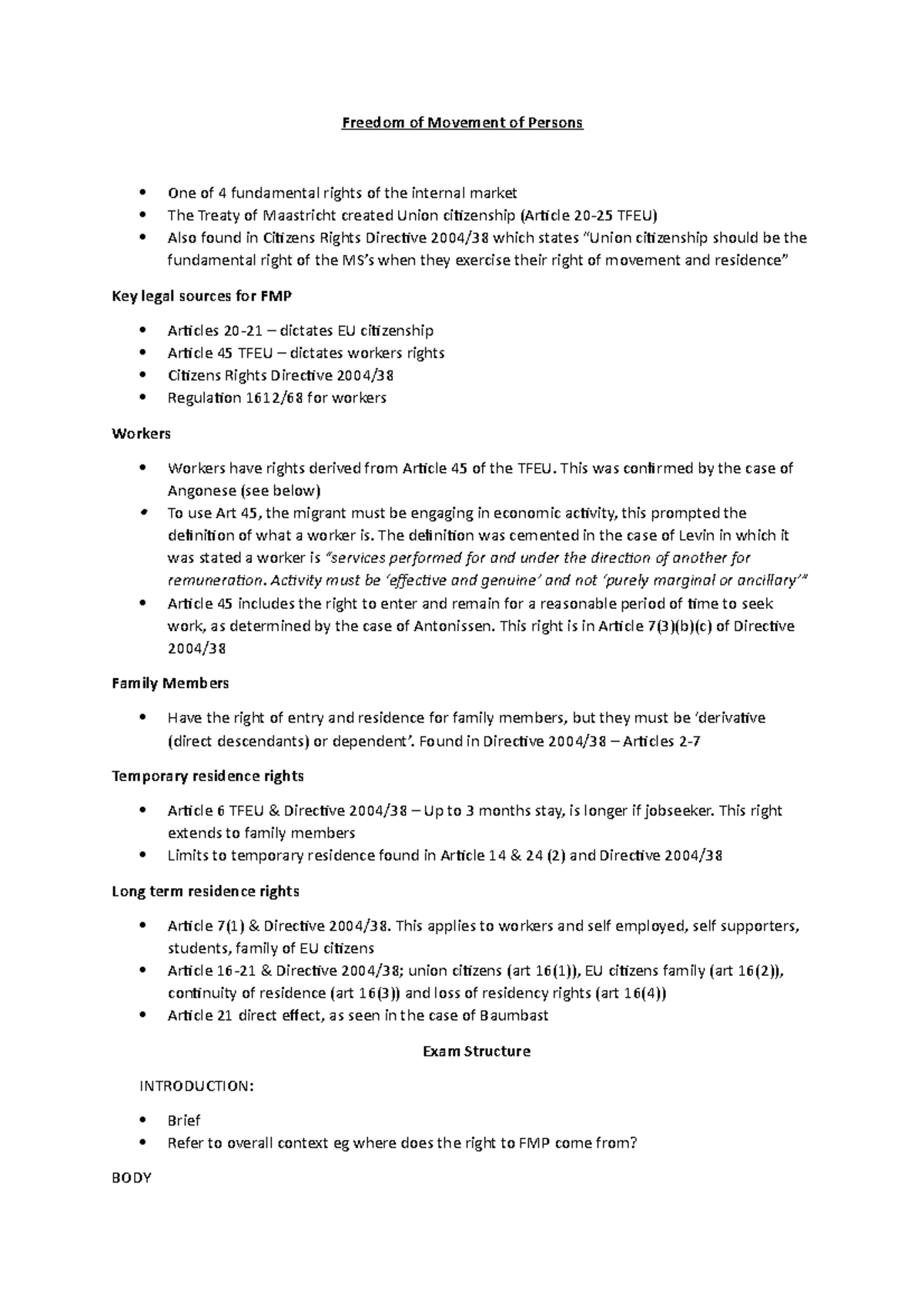 FMP - FMP notes with exam structure - Freedom of Movement of Persons ...